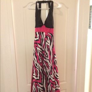 Prom halter dress with hot pink accents.