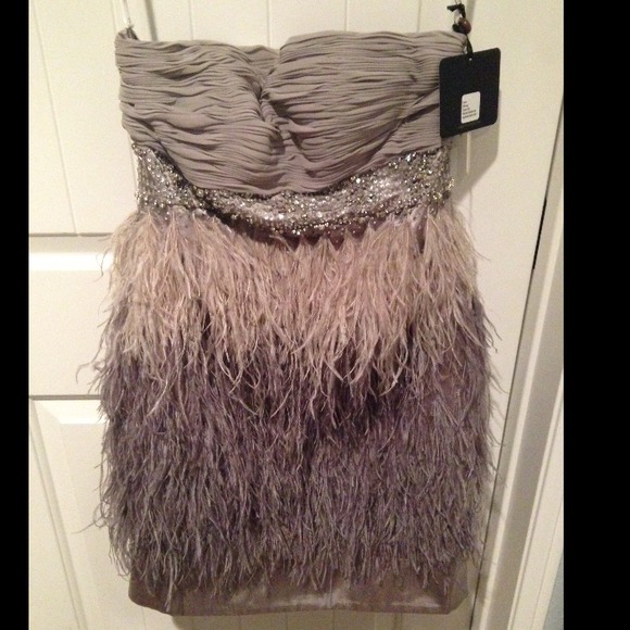 Platinum Sue Wong ostrich feather dress strapless