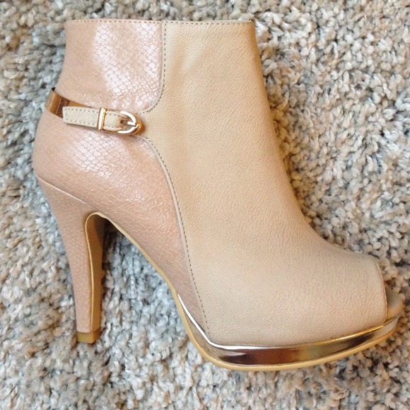Two tone tan peeptoe ankle boots with gold accents
