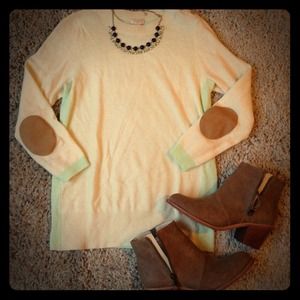 J crew wool color block sweater with elbow patches