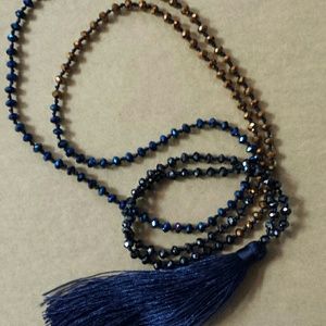 Hand knotted Tassel necklace-Dark Blue and Copper