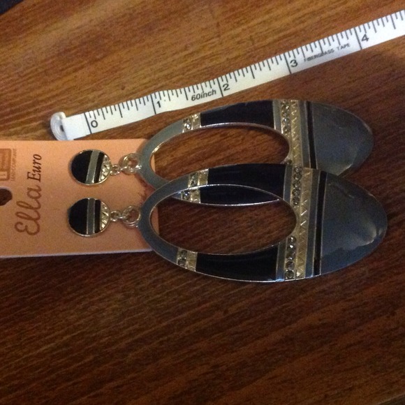 NEW Gray Loop Rhinestone Striped Statement Earrings Drop Gold Tone Fashion - Picture 3 of 4