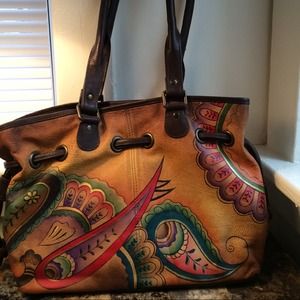 Anuschka hand painted drawstring satchel handbag