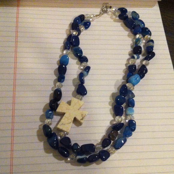 Blue polished rock necklace with 1-1/12 inch cross