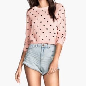 H&M Pink Crop Sweater with Black Hearts