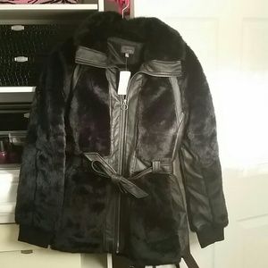 SOLD-Faux fur coat with faux leather trim