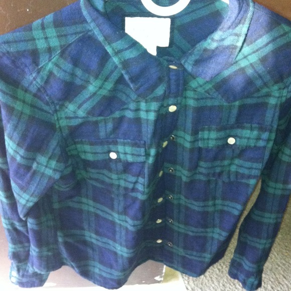 A plaid flannel. It a dark blue and green.