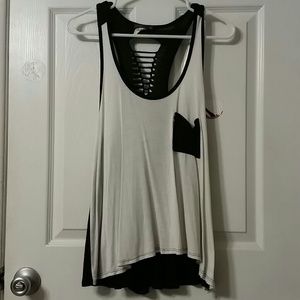 White & Black Flowy Top w/ RacerBack & Front Pocke