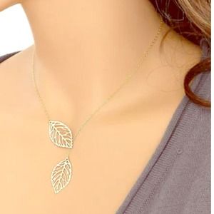 Double Leaf drop GOLD tone necklace