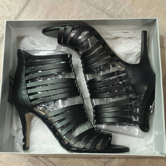 Beautiful Black with Pewter Leather Cage Sandals .