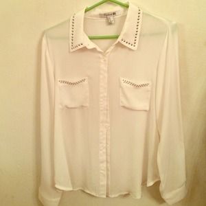 White Button Down Shirt with Embellished Collar