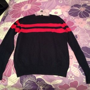Navy blue w/ red stripes crew neck sweater