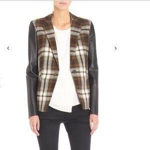 Barneys New York Leather & Plaid Blazer
