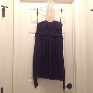 Navy semi-formal dress with faux pearl halter.