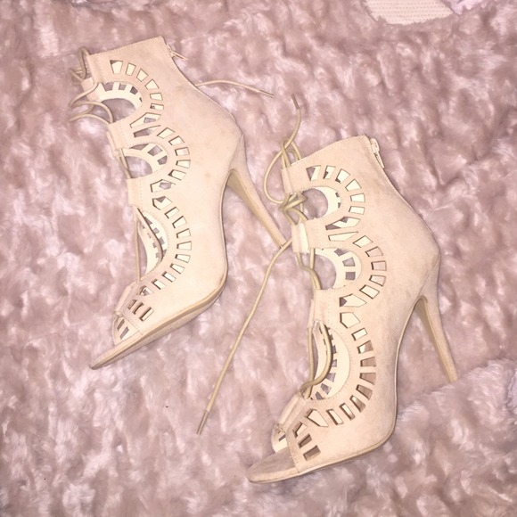 Nude suede lace up heels