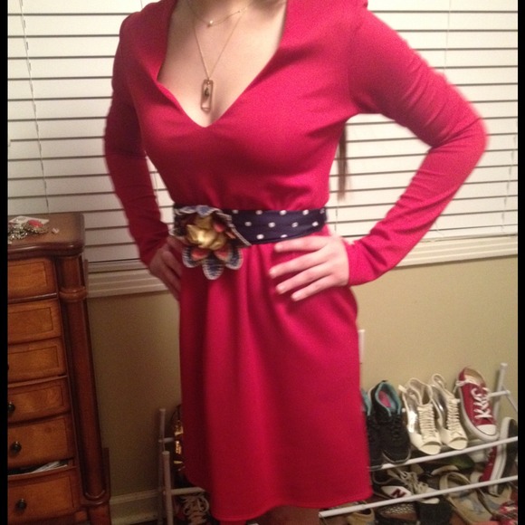 Boutique Red Dress/Navy Polka Dot Sash