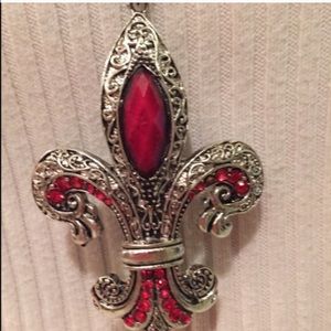 Silver tone & red fleur de lis pendant necklace