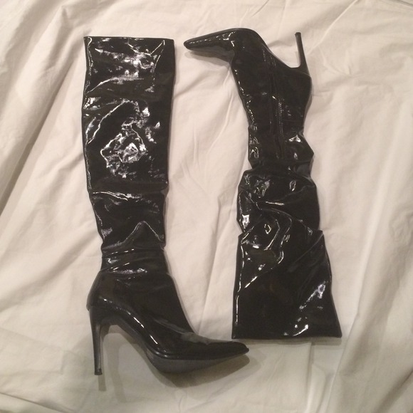 Shiny Black Pleather Over the Knee Boots