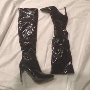 Shiny Black Pleather Over the Knee Boots