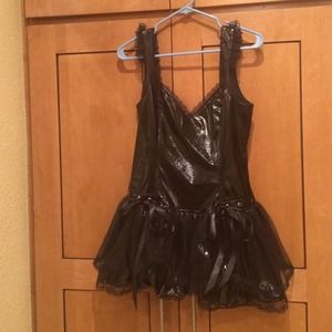 Black Shiny Pleather and Lace Dress