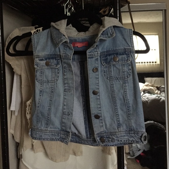 Denim vest with grey hood
