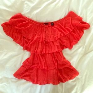 Off the shoulder crocet blouse.