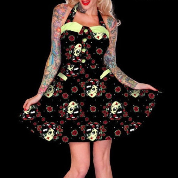 Adorable zombie pinup print halter dress