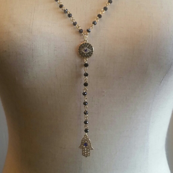 Blue crystal hamsa necklace