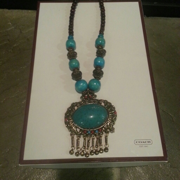 Never worn wooden bead & brass necklace