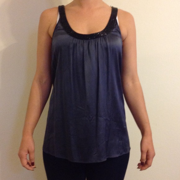 Midnight blue silk top with beaded neckline