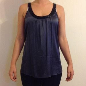 Midnight blue silk top with beaded neckline