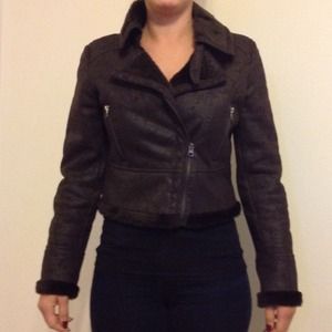 Chocolate brown faux suede and fur jacket