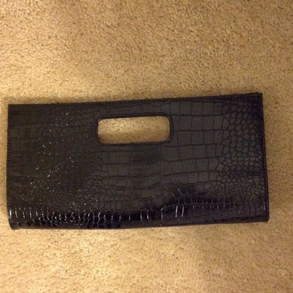 Black faux alligator skin double clasp clutch
