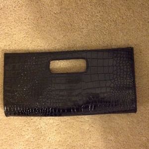 Black faux alligator skin double clasp clutch