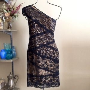 BEBE black lace and nude oneshoulder bandage dress