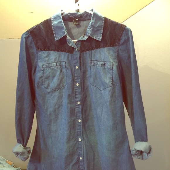 Button down blue jean shirt with black lace/ studs