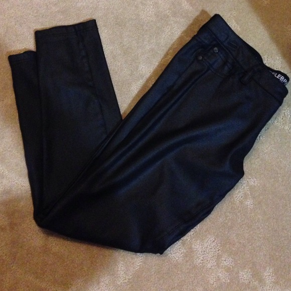 glossed black skinny pants