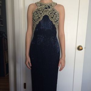 Navy and silver fully beaded evening gown