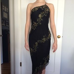 Asymmetrical beaded black cocktail dress
