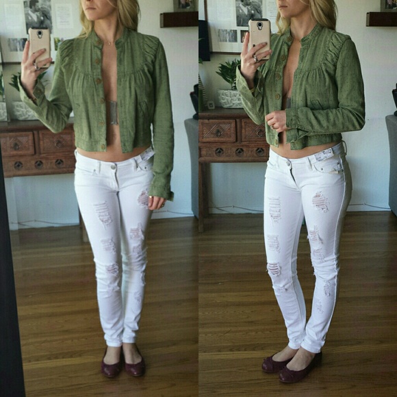 SOLD Free People Faded Crop linen Green Jacket - Picture 3 of 4