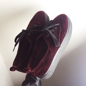 Red velvet platform shoes