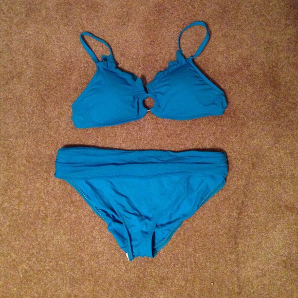 Blue green ruffled bikini swimsuit top and bottom