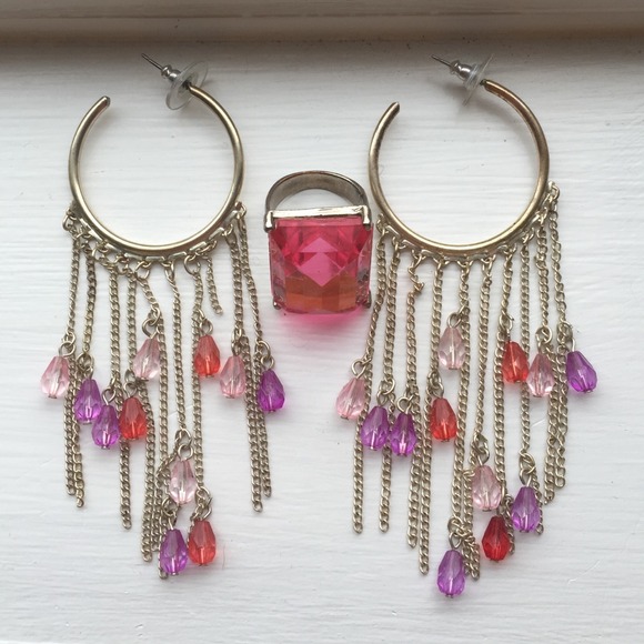 Bundle! Jeweled Hoop Earrings + Pink Stone Ring!