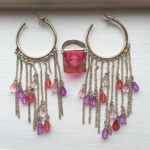 Bundle! Jeweled Hoop Earrings + Pink Stone Ring!