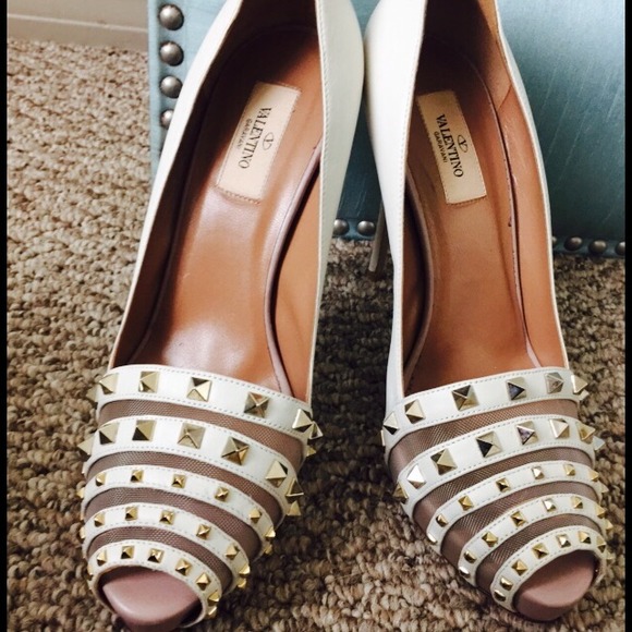 Valentino Stud & Mesh White Pumps