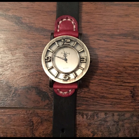 Genuine leather watch with antique gold face