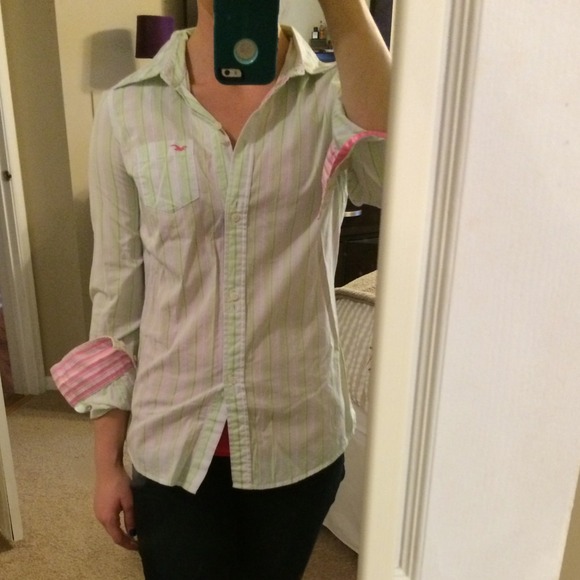 Hollister Green, Pink & Blue Striped Button Down