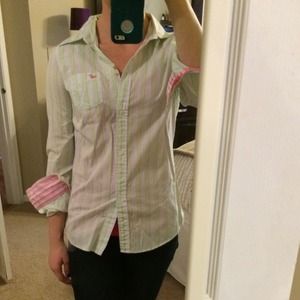 Hollister Green, Pink & Blue Striped Button Down