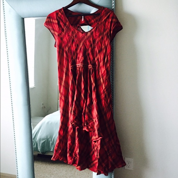 Free People Hi-Lo Cut Out Plaid Dress Embroidery