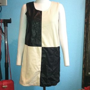 Cream And Black Faux Leather Block Dress